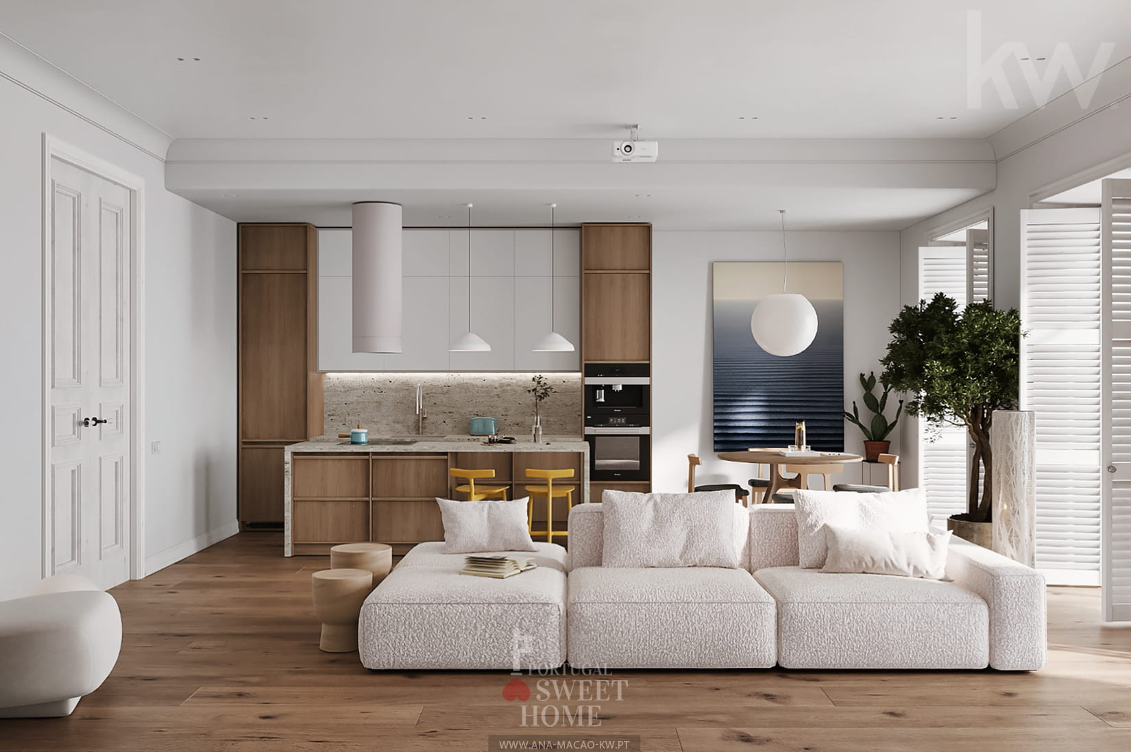 Spacious living room with integrated kitchenette