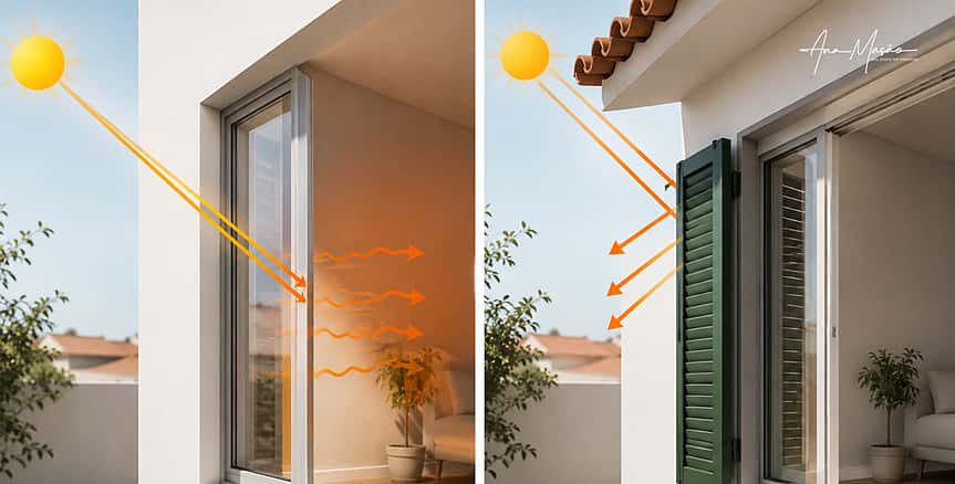 O que faz uma casa parecer fresca: proteção solar exterior reduz a entrada de calor pelas janelas