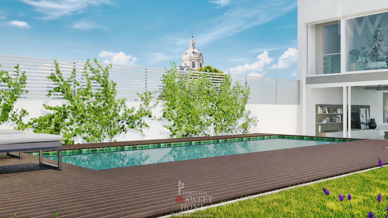 Piscina e jardim com vista para a Basílica da Estrela