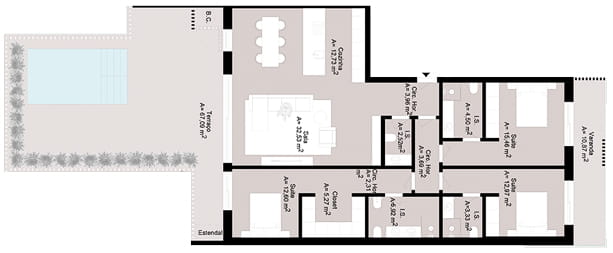 Planta de um Apartamento T2 com jardim