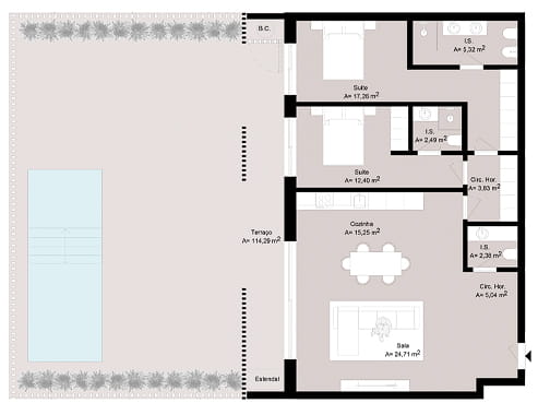 Planta de um Apartamento T2 com jardim