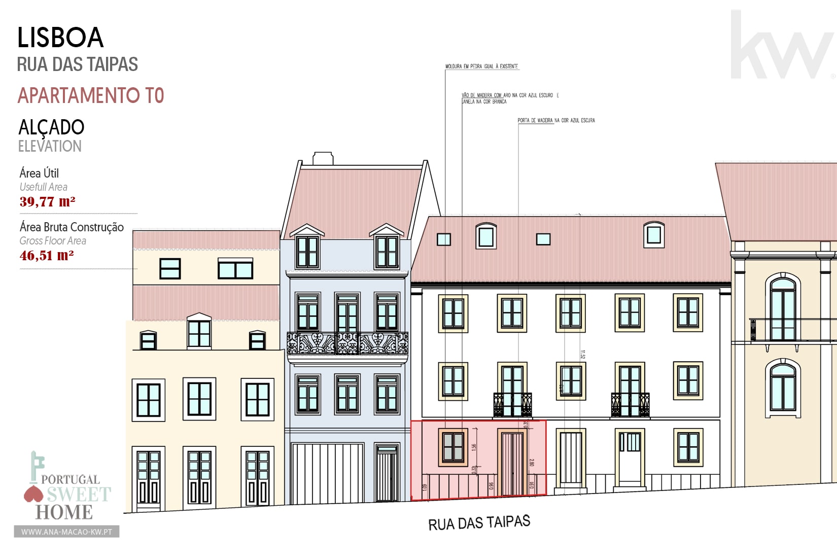 Façade avant du bâtiment et de la propriété au rez-de-chaussée à rénover