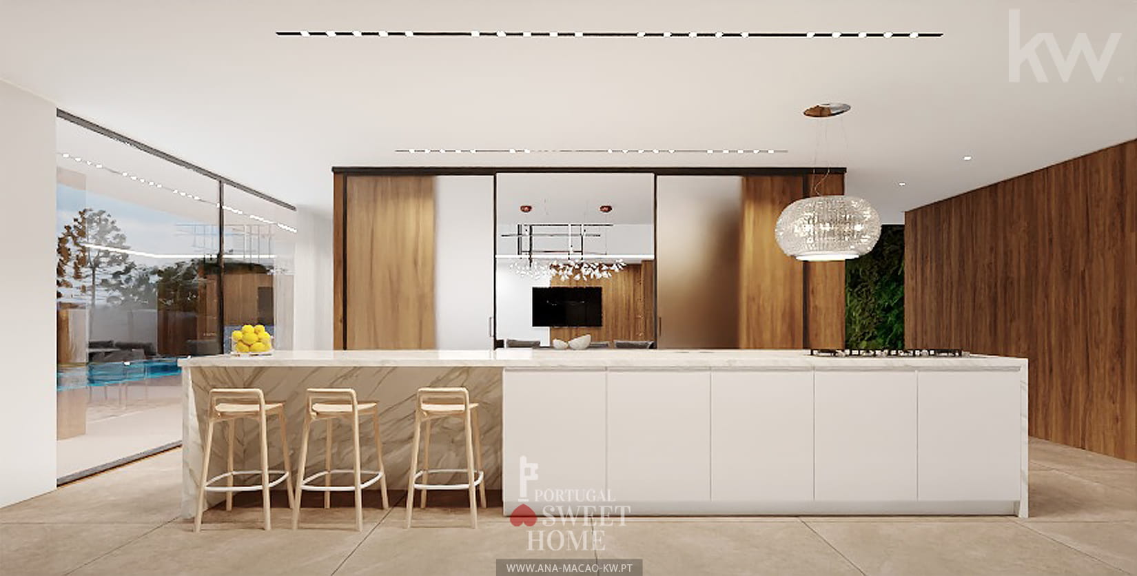 Cuisine entièrement équipée (25 m2) adjacente au salon.