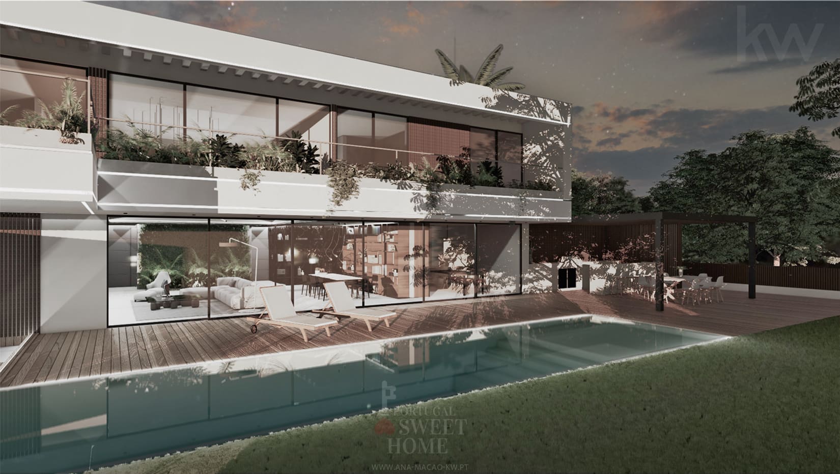 Vue de la piscine et de l'espace détente orientée ouest.