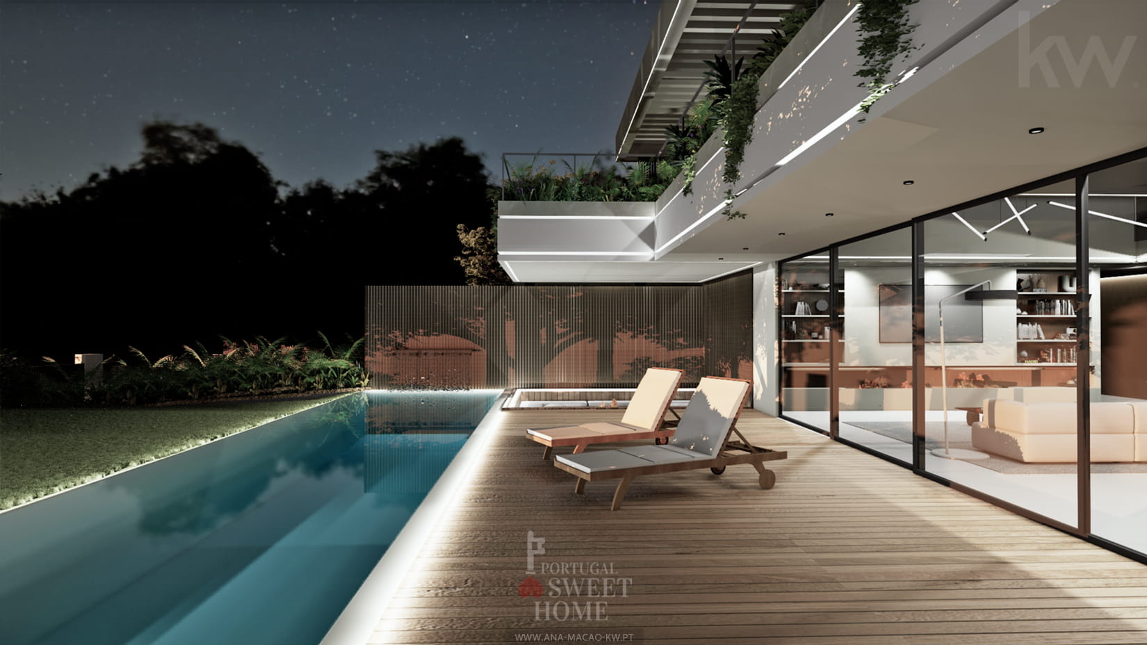 Vue sur la grande piscine à débordement (43,7 m2) et la terrasse en céramique (136 m2)