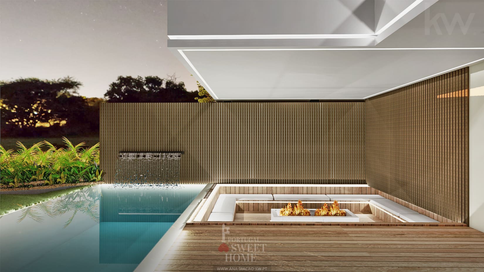 Vue du foyer extérieur et de la piscine.