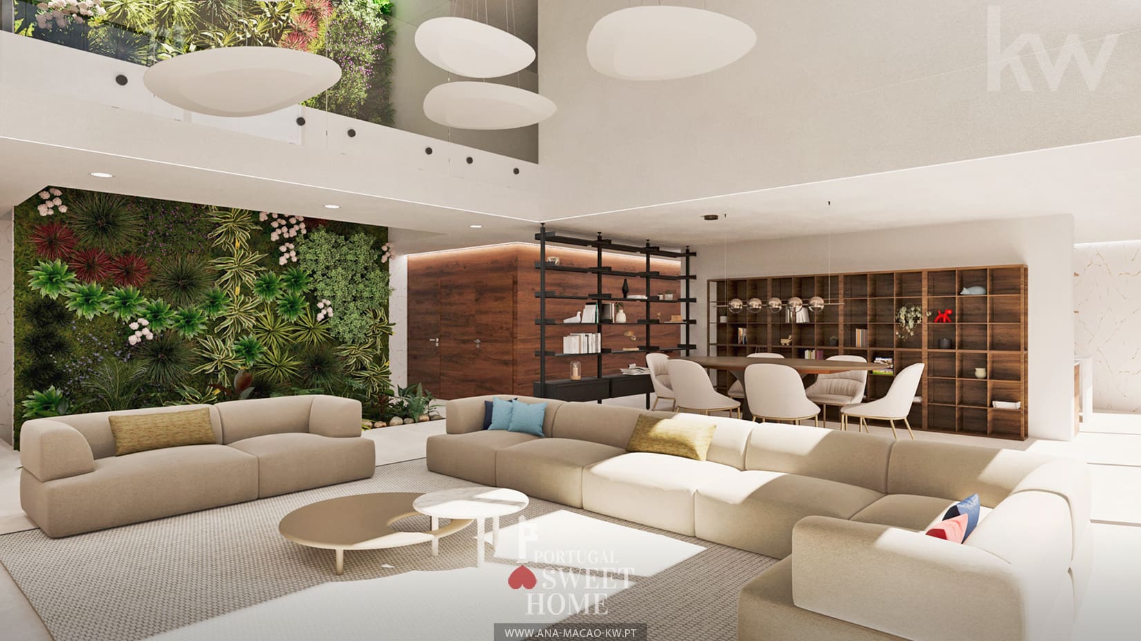 Vue du salon à double hauteur (82,36 m2) et du jardin intérieur.