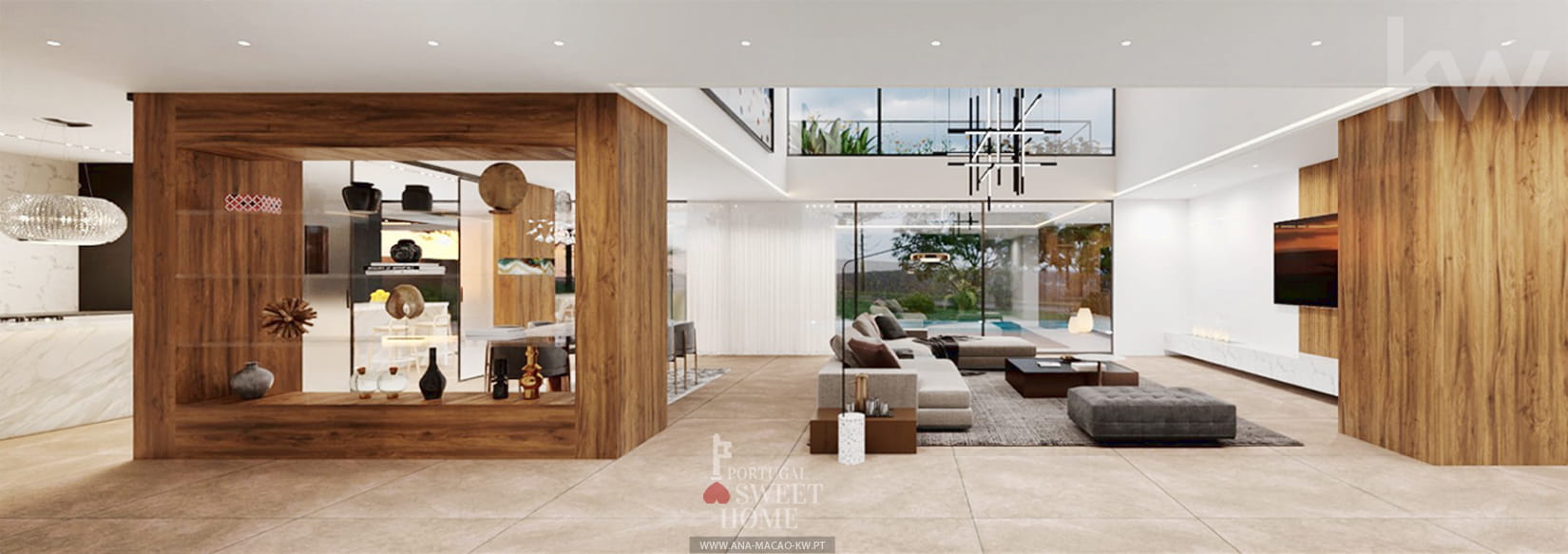 Vue du salon à double hauteur (82,36 m2) avec cheminée.