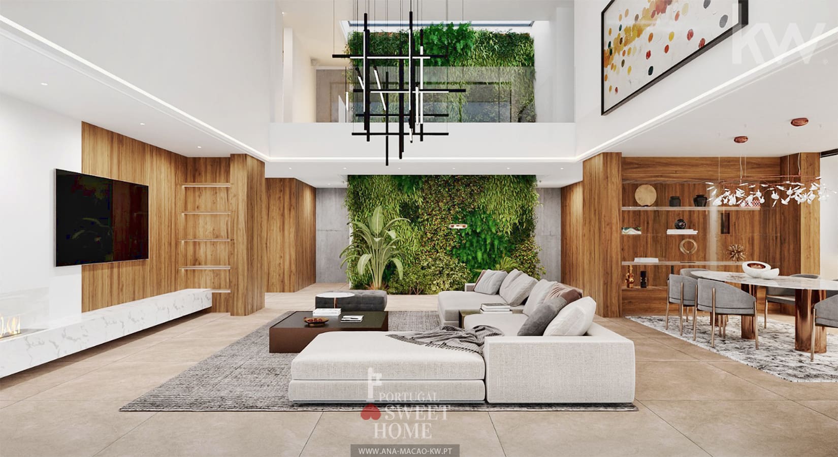 Vue du salon à double hauteur (82,36 m2) et du jardin intérieur.