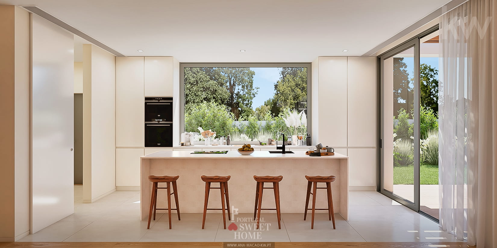Cozinha aberta para a sala e vista para o jardim