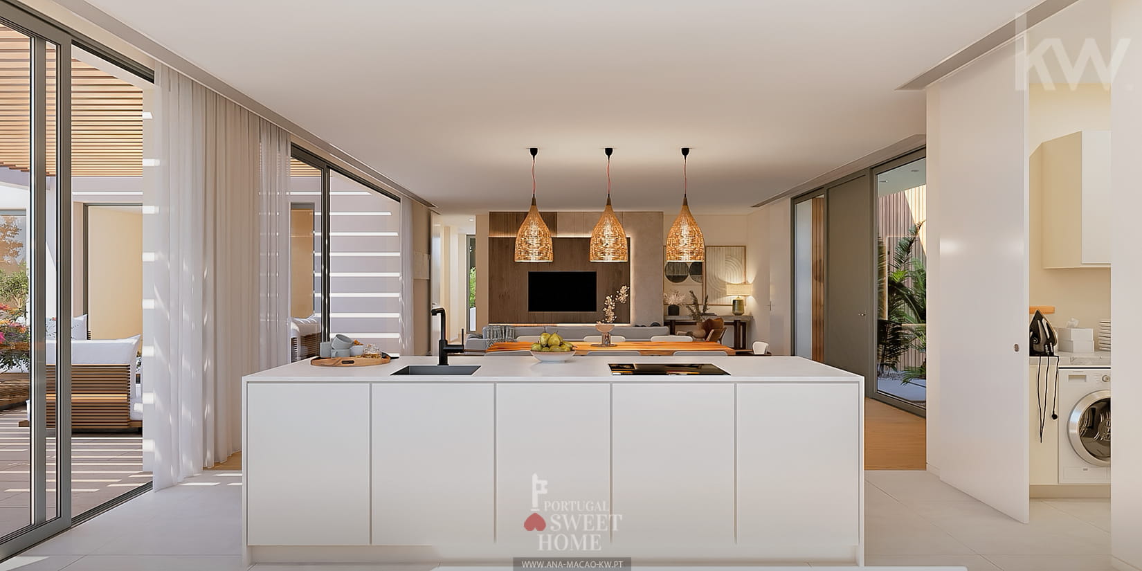Cozinha aberta para a sala, lavandaria e vista para o jardim