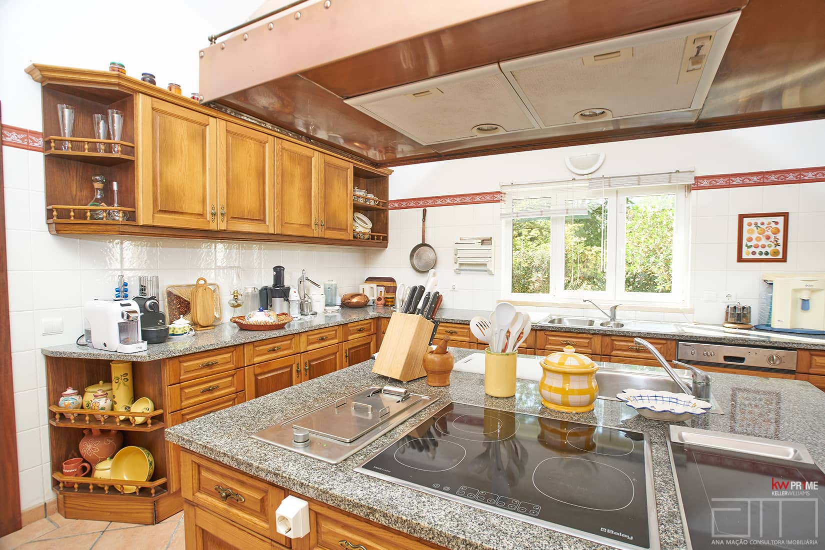 View of the central countertop with stovetop