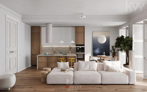 Spacious living room with integrated kitchenette