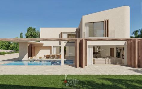 Fachada da moradia com piscina e firepit exterior