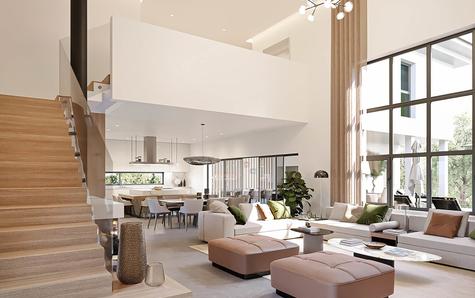 Living room (79.31 m2) with double height, with kitchen, fireplace and topped by a mezzanine