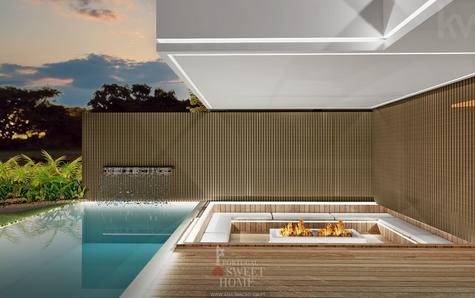 Vue sur le "Fire Pit" et la piscine