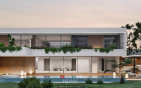 Vue de la piscine et de l'espace détente orientée ouest.