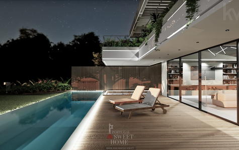 View of the large infinity pool (43.7 m2) and ceramic deck (136 m2)