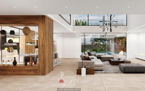 Vue du salon à double hauteur (82,36 m2) avec cheminée.